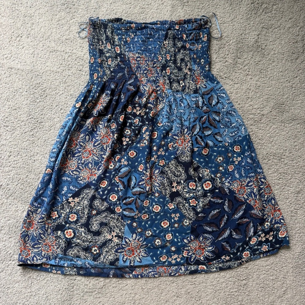 Blue Paisley Boho Strapless Mini Dress, Size S/M